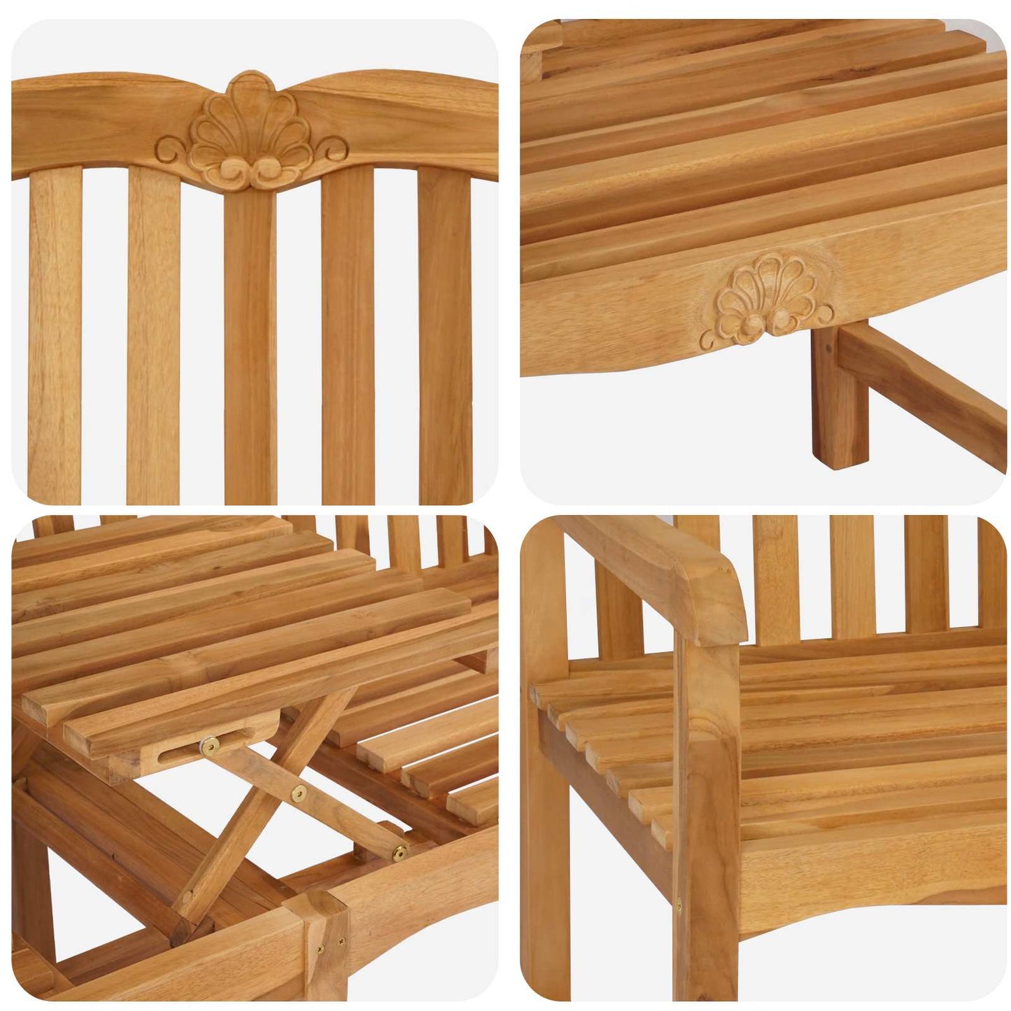Handcarved Rose Bench 155 x 60 x 94 cm Solid Teak Wood Natural