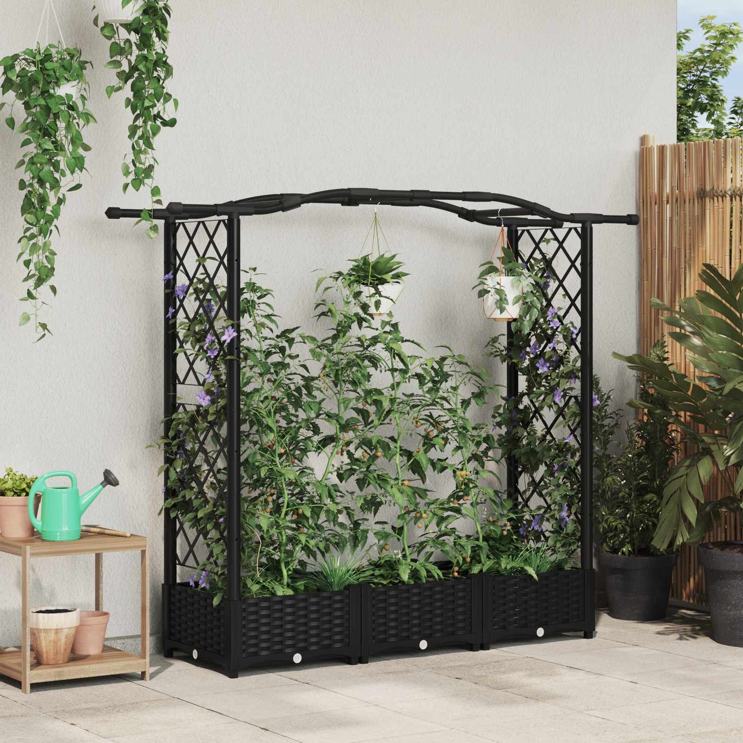 Raised Bed with Trellis and Roof Black 169 x 40 x 123 cm PP