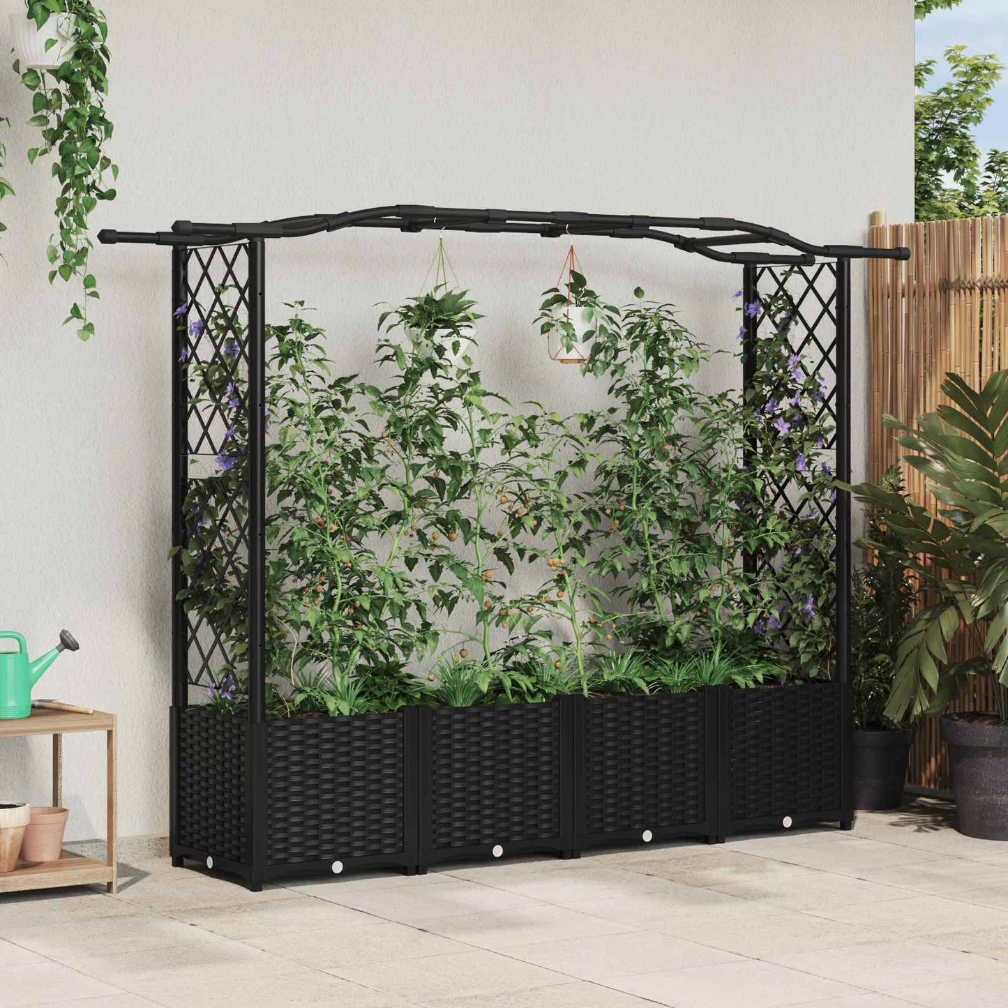 Raised Bed with Trellis and Roof Black 204 x 40 x 138 cm PP