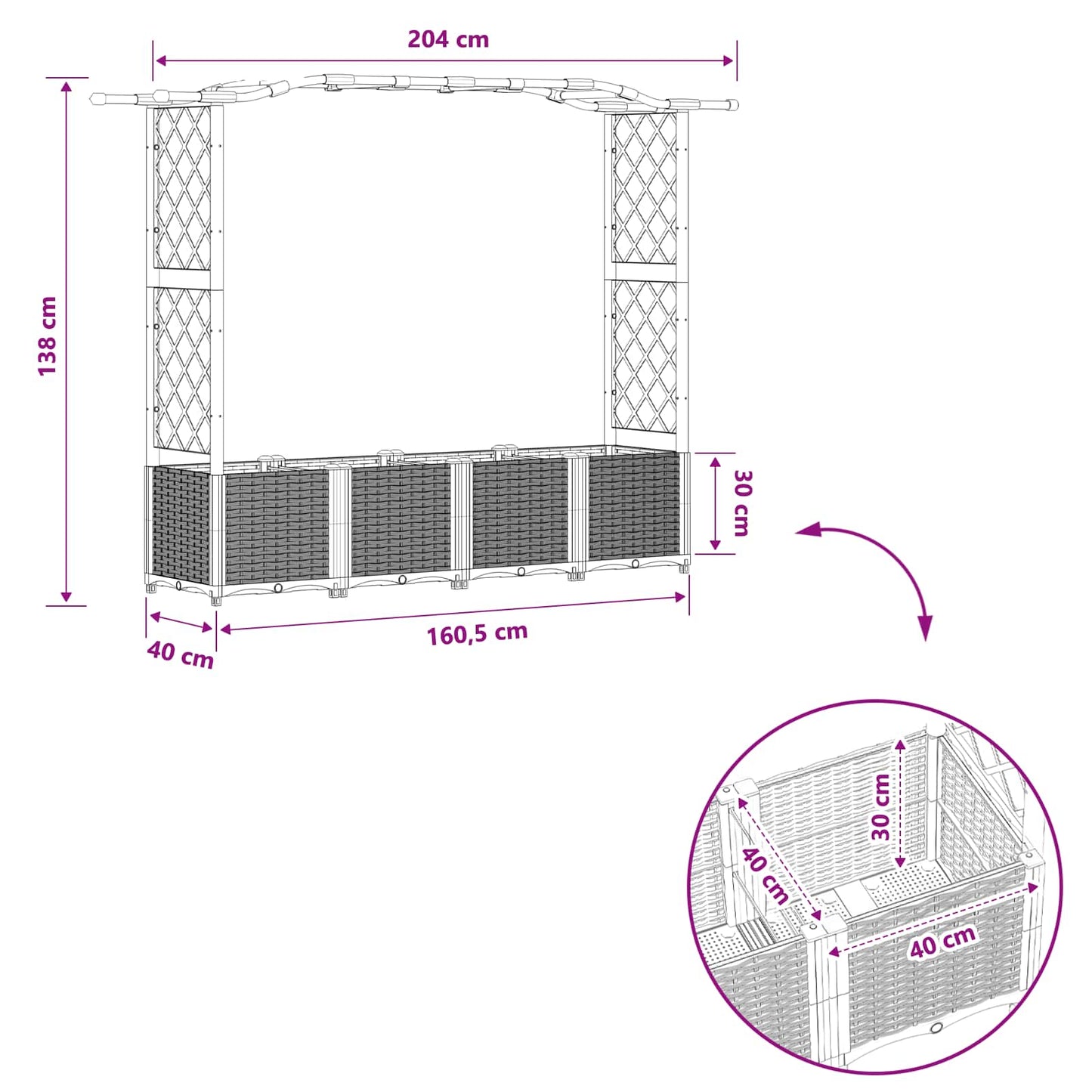 Raised Bed with Trellis and Roof Black 204 x 40 x 138 cm PP