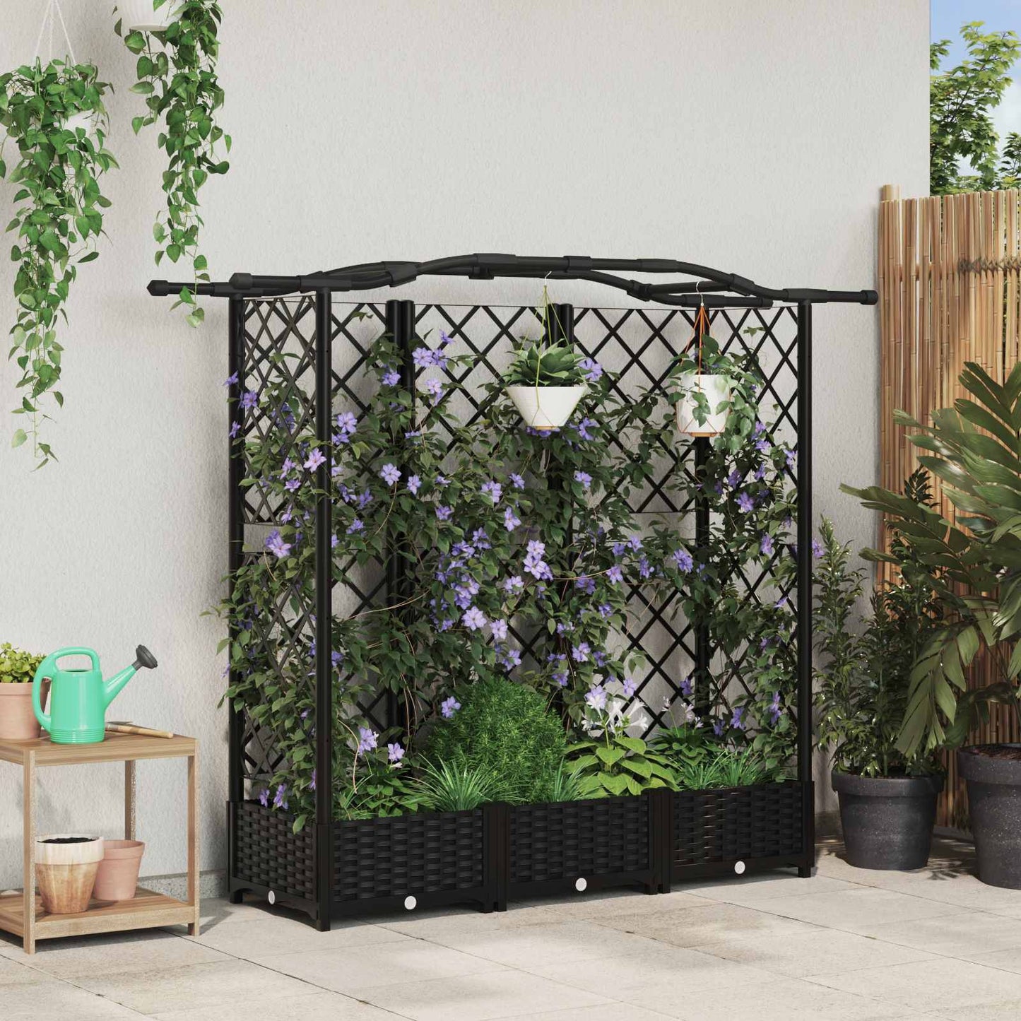 Raised Bed with Trellis and Roof Black 163 x 40 x 123 cm PP