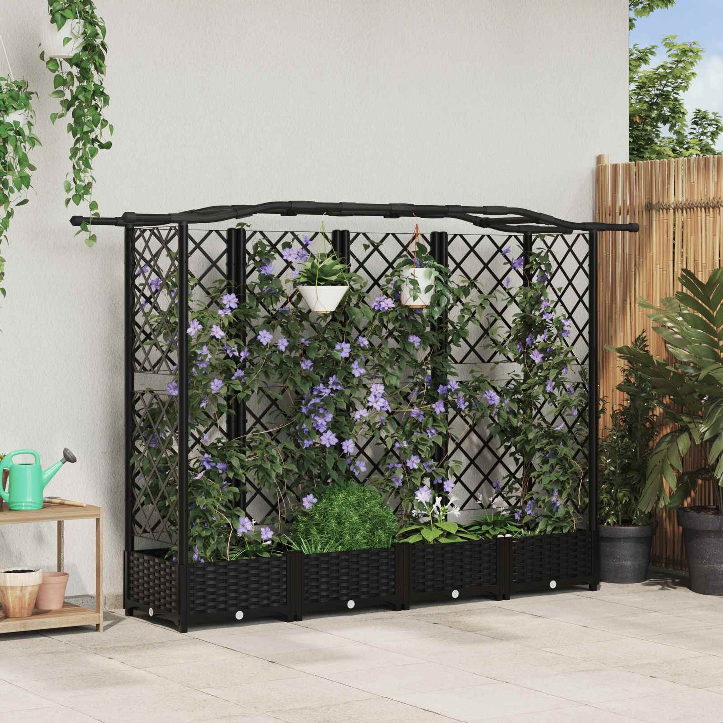 Raised Bed with Trellis and Roof Black 203.5 x 40 x 123 cm PP