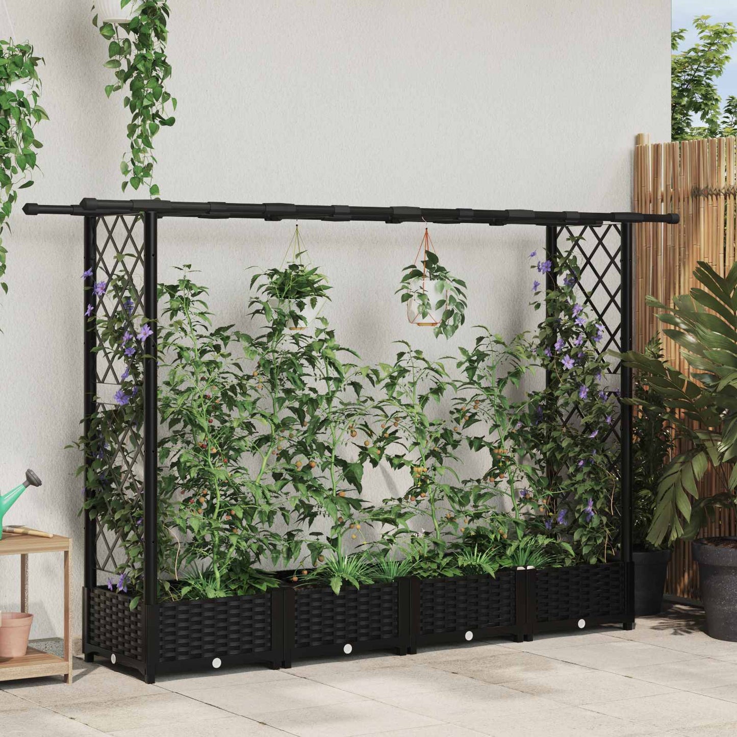 Raised Bed with Trellis and Roof Black 203 x 40 x 121 cm PP