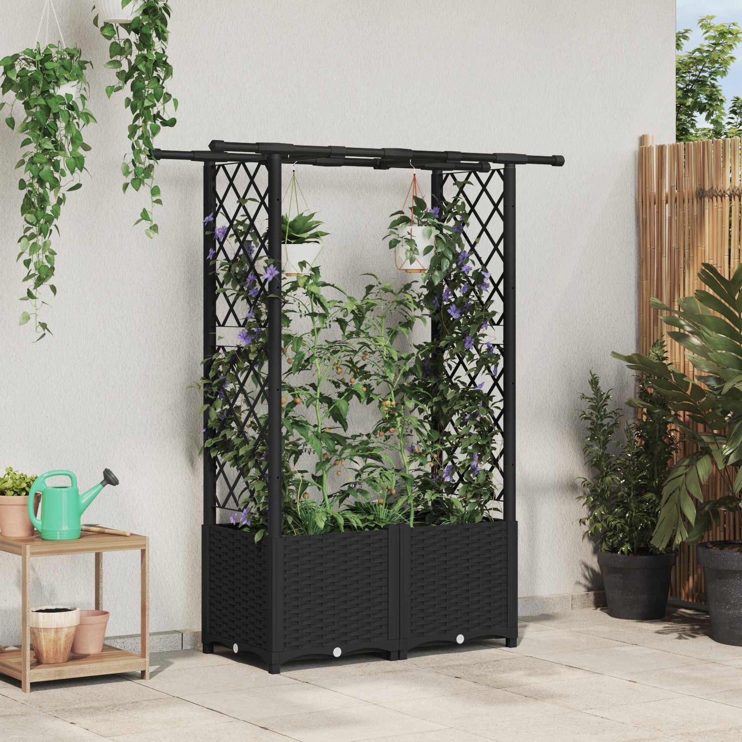 Raised Bed with Trellis and Roof Black 124.5 x 40 x 136 cm PP