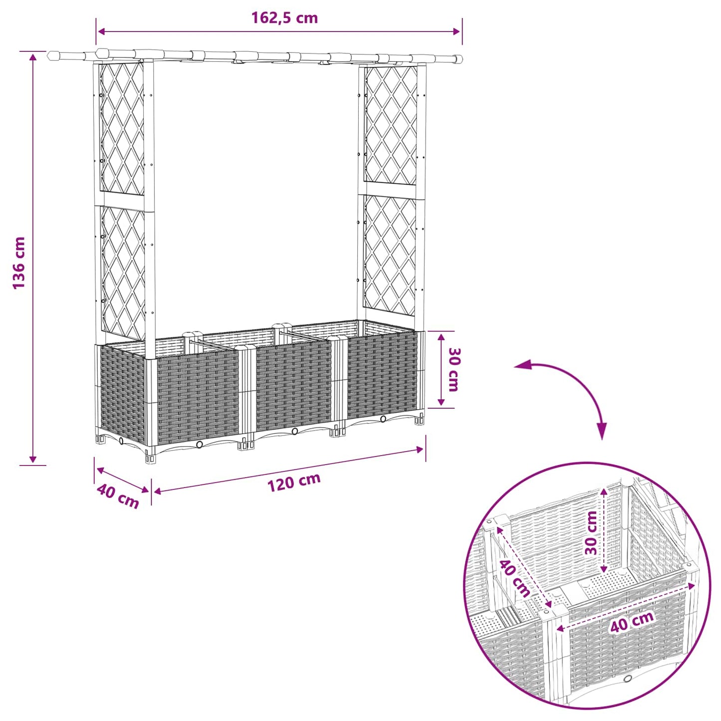 Raised Bed with Trellis and Roof Black 162.5 x 40 x 136 cm PP