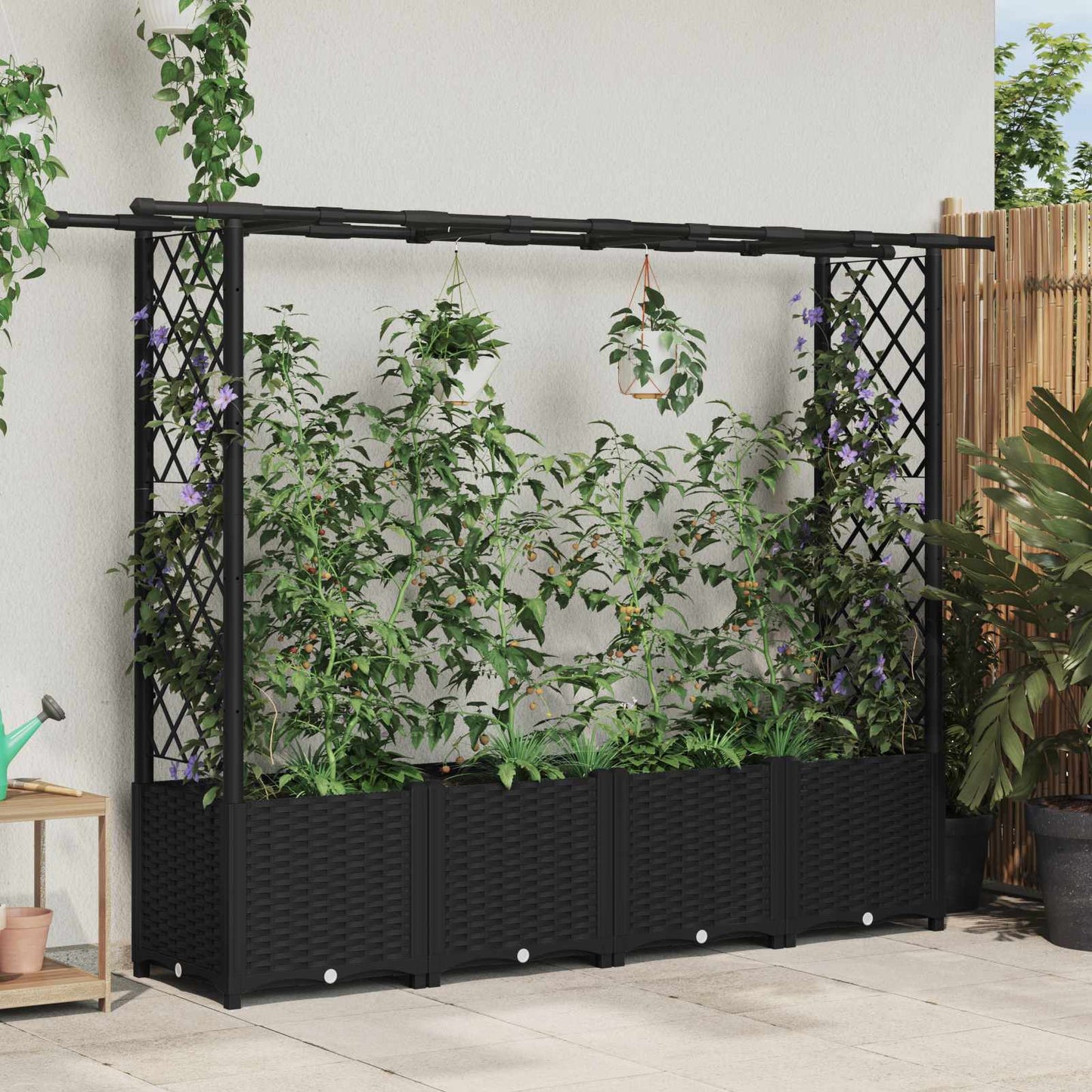 Raised Bed with Trellis and Roof Black 203 x 40 x 136 cm PP