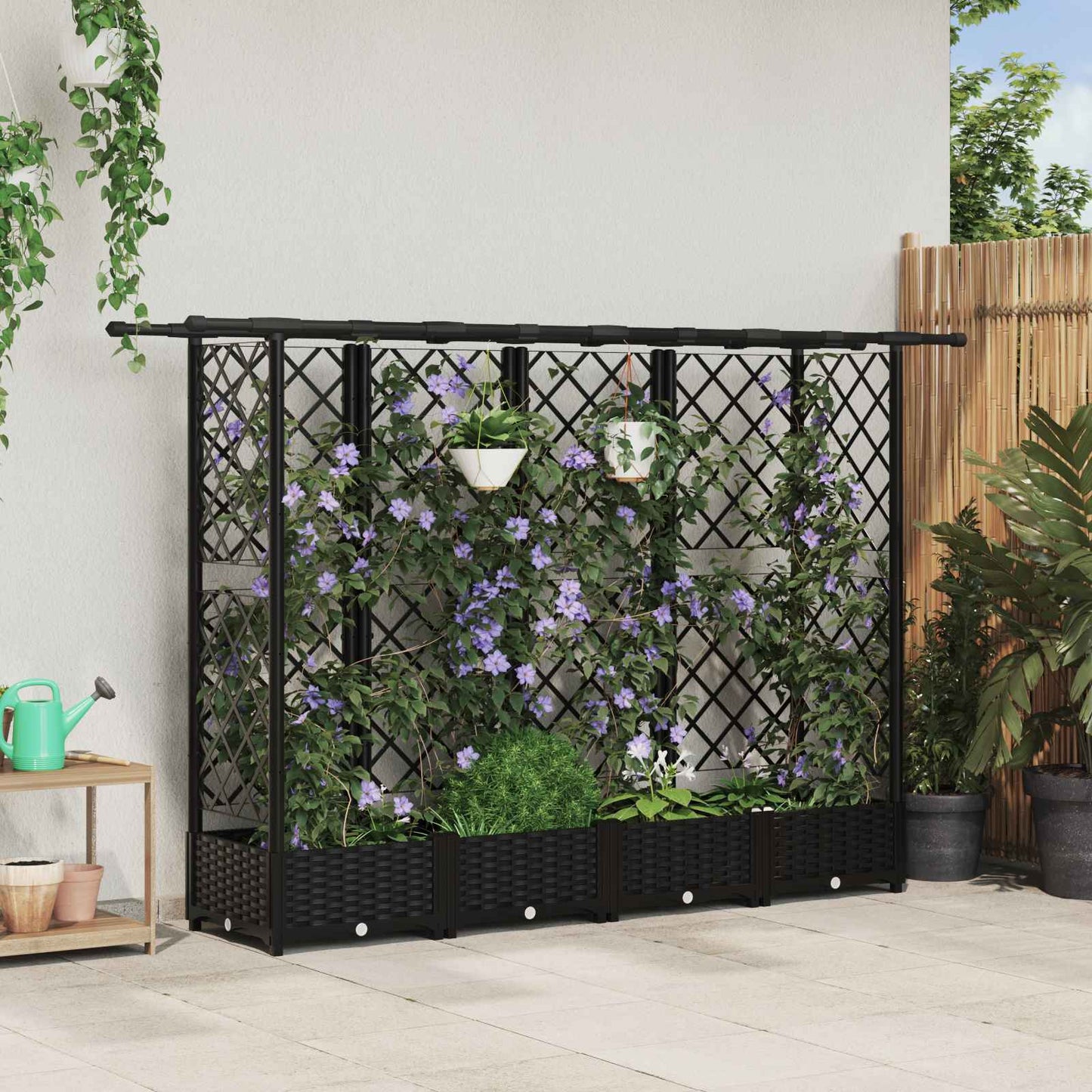 Raised Bed with Trellis and Roof Black 202.5 x 40 x 121 cm PP