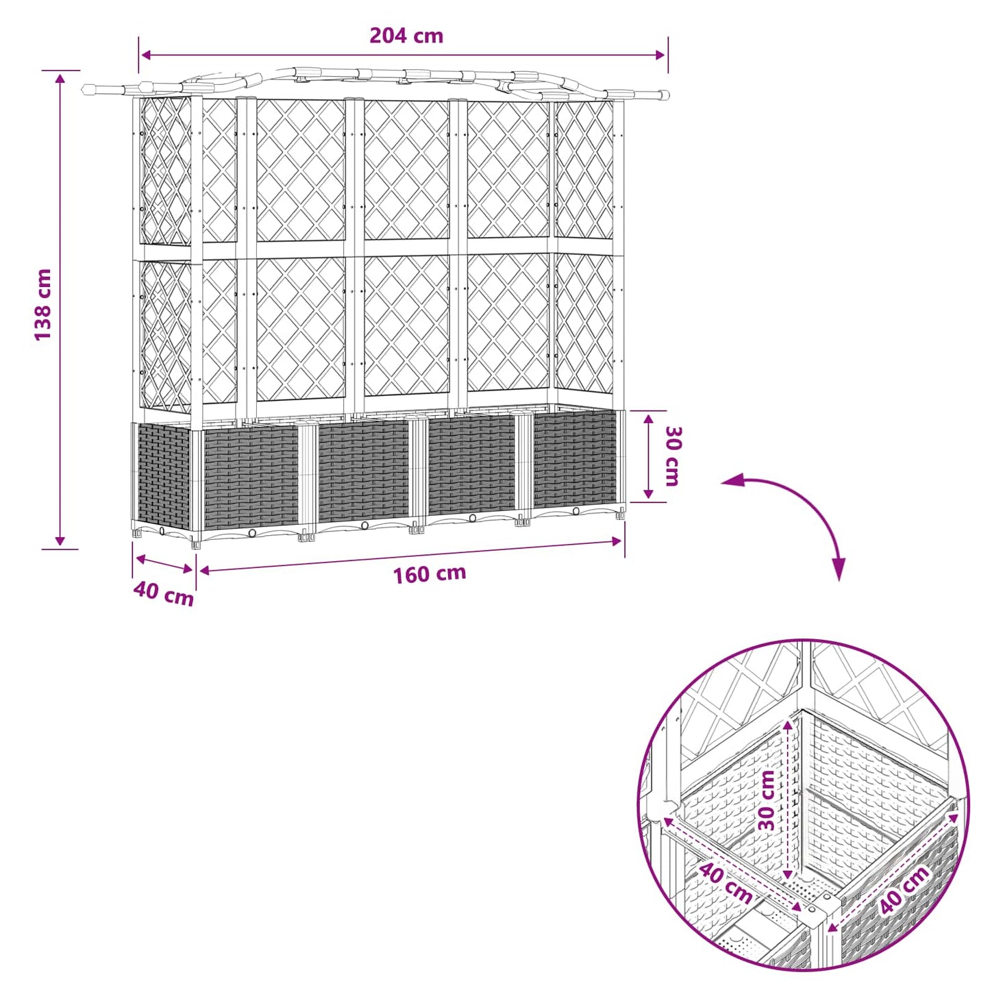 Raised Bed with Trellis and Roof Grey 204 x 40 x 138 cm PP