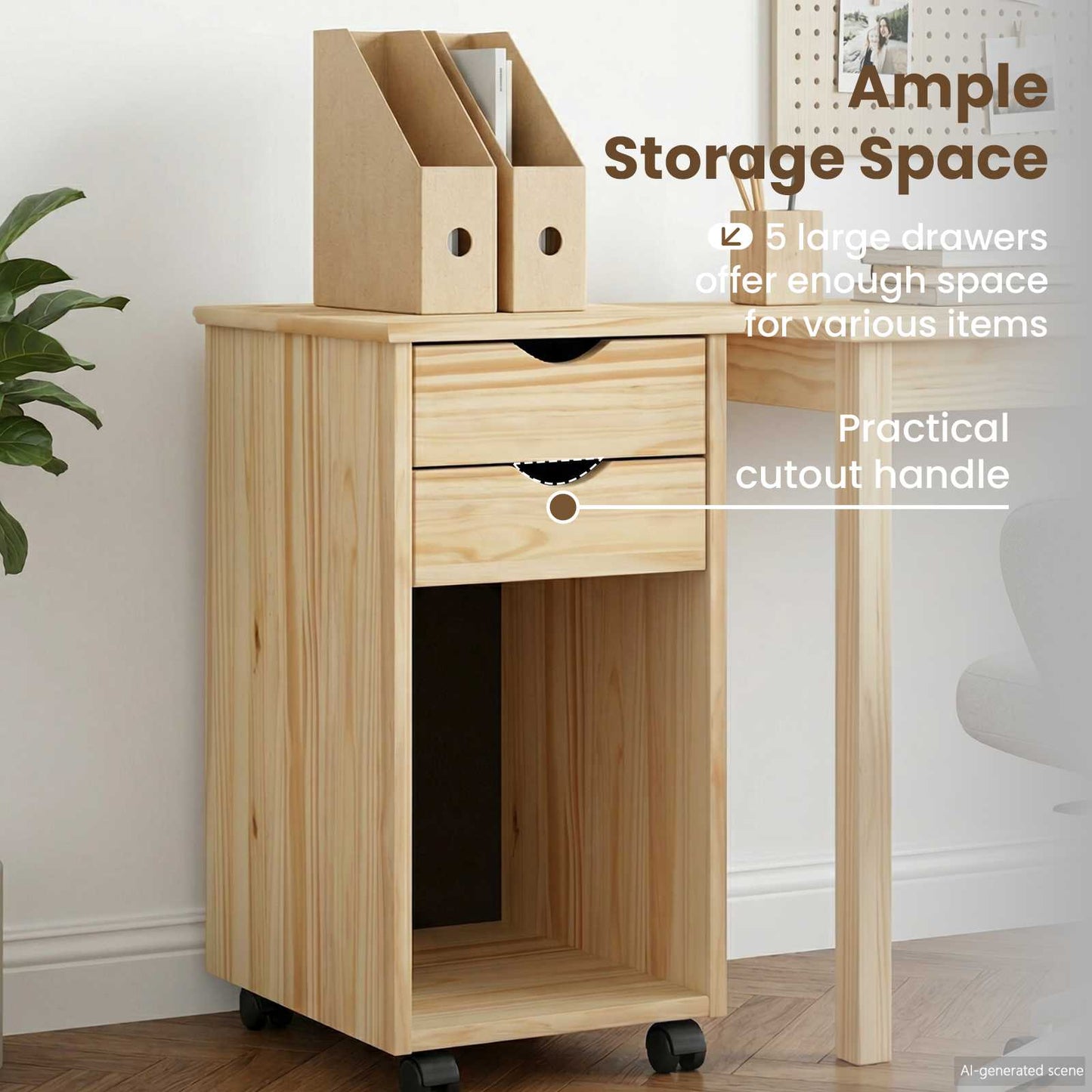 Rolling Cabinet Brown 34 x 39 x 65.5 cm Solid Pine Wood
