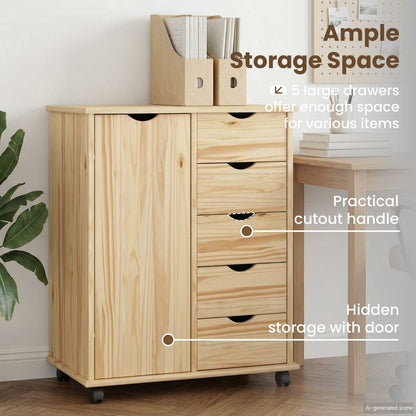 Rolling Cabinet Brown 63.5 x 39 x 79 cm Solid Pine Wood