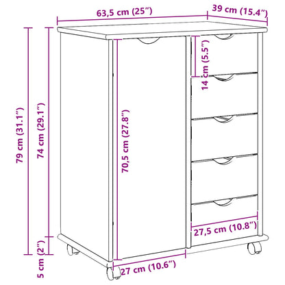 Rolling Cabinet Brown 63.5 x 39 x 79 cm Solid Pine Wood