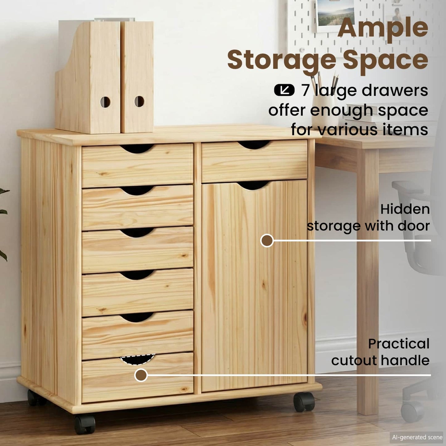 Rolling Cabinet Brown 63.5 x 39 x 65.5 cm Solid Pine Wood