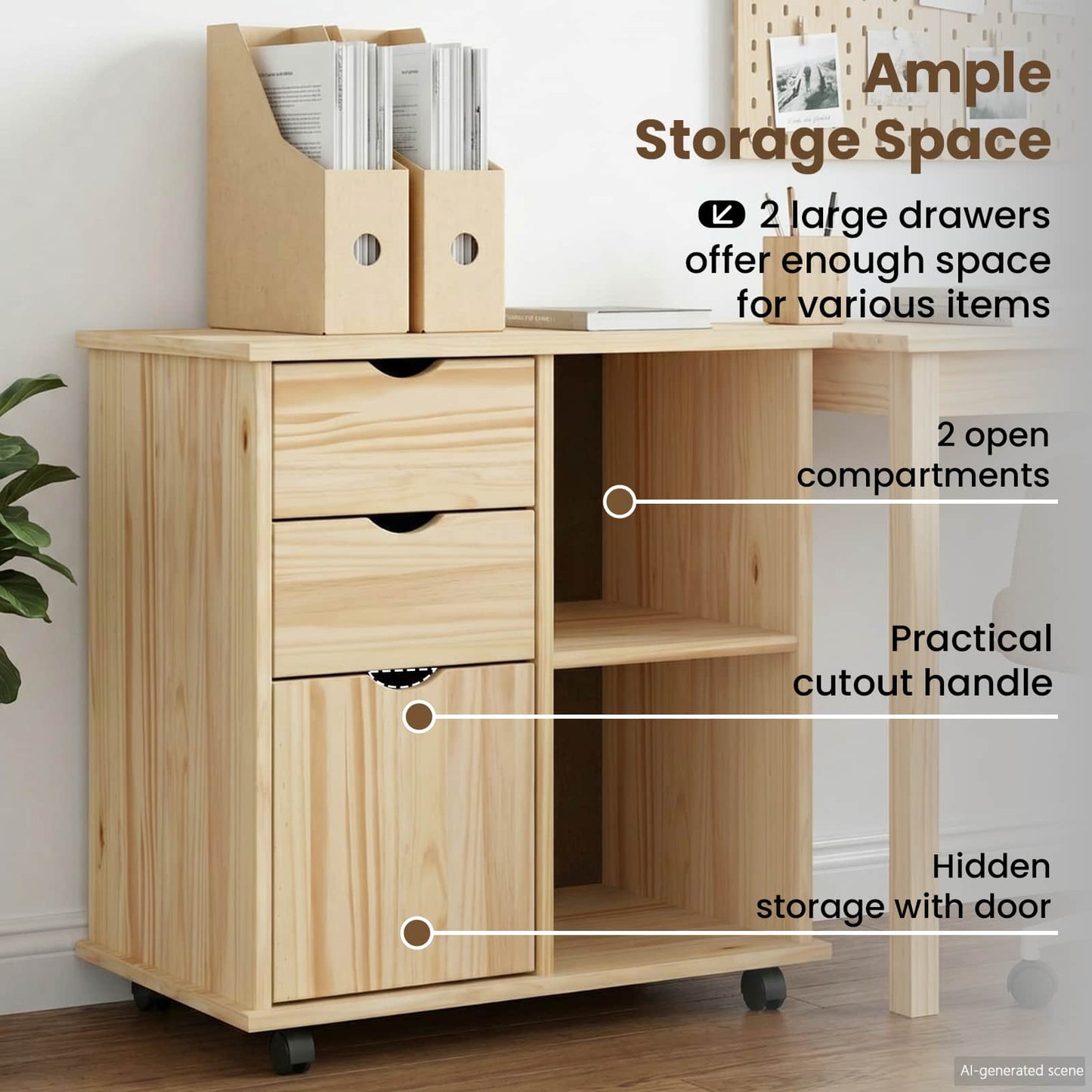 Rolling Cabinet Brown 63.5 x 39 x 65.5 cm Solid Pine Wood