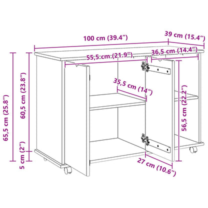 Rolling Cabinet Brown 100 x 39 x 65.5 cm Solid Pine Wood