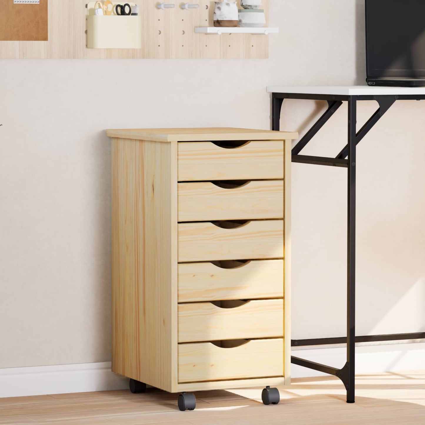 Rolling Cabinet with Drawers MOSS Clear Varnish Solid Pine wood