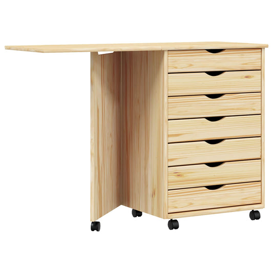Rolling Cabinet with Desk MOSS Clear Varnish Solid Pine wood
