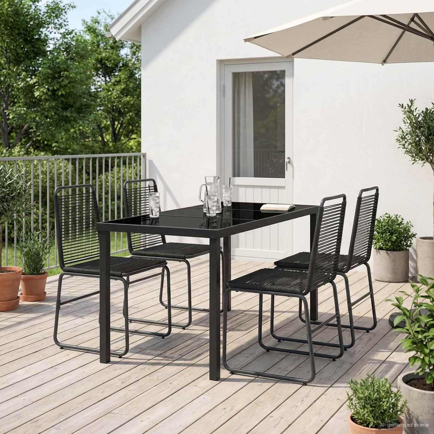 Garden Set 5 pcs Black Metal and Rattan
