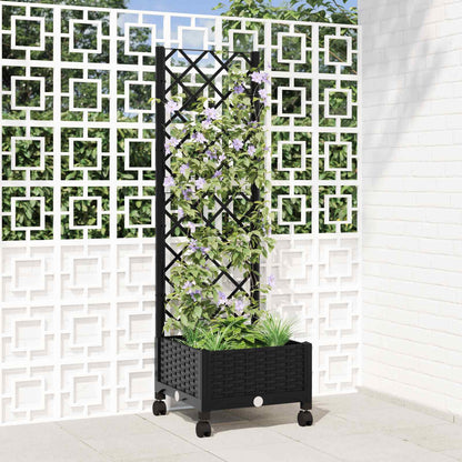 Garden Planter with Trellis&Wheels Black 40 x 40 x 131.5 cm PP