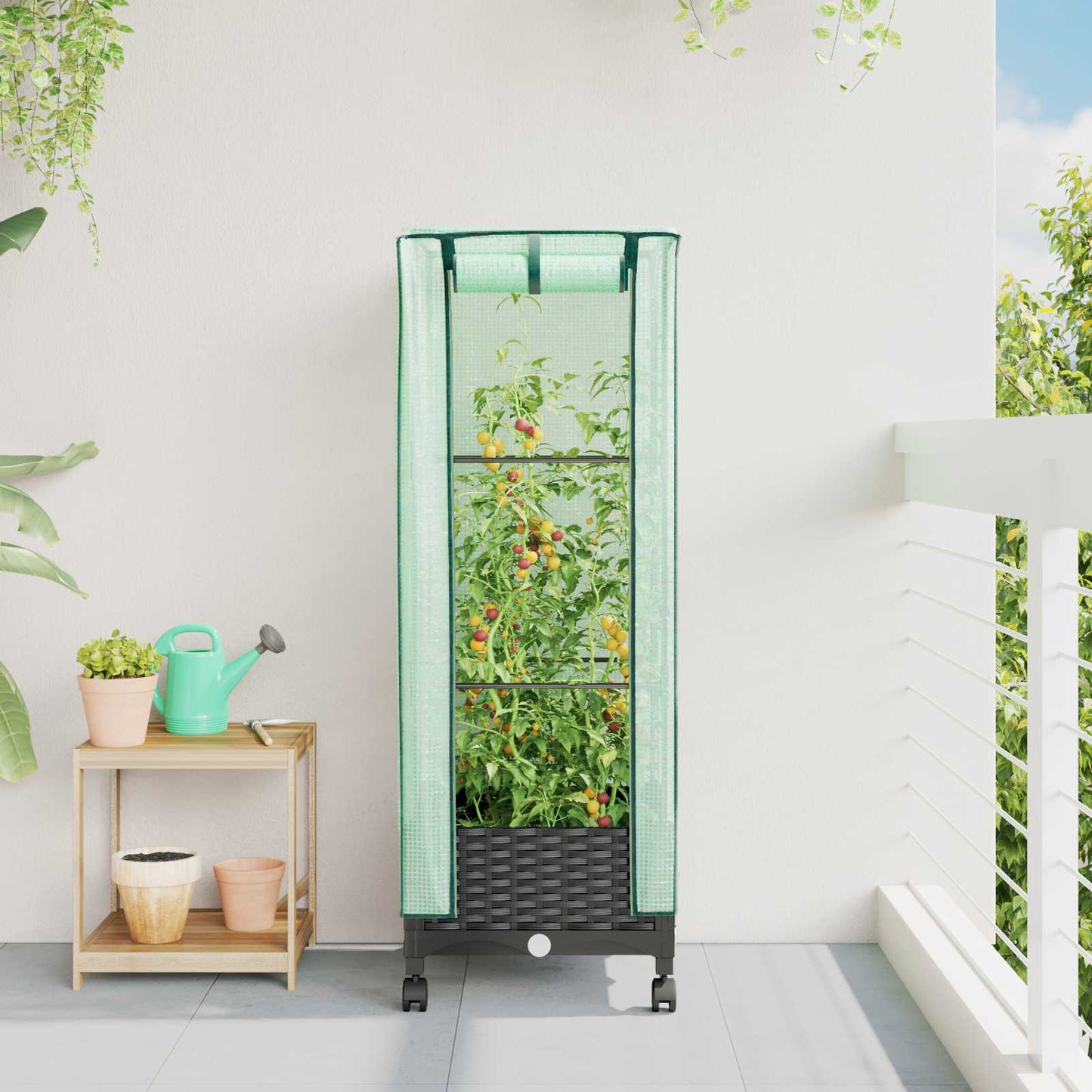 Garden Planter with Greenhouse Cover&Wheels Black PP