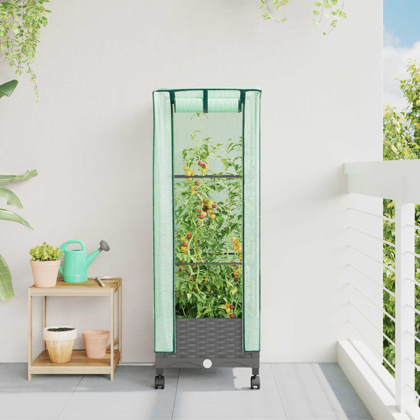 Garden Planter with Greenhouse Cover&Wheels Light Grey PP