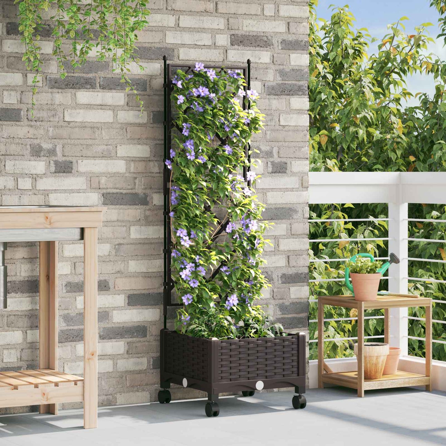 Garden Planter with Trellis&Wheels Brown 40 x 40 x 131.5 cm PP