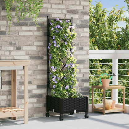 Garden Planter with Trellis&Wheels Black 40 x 40 x 131.5 cm PP