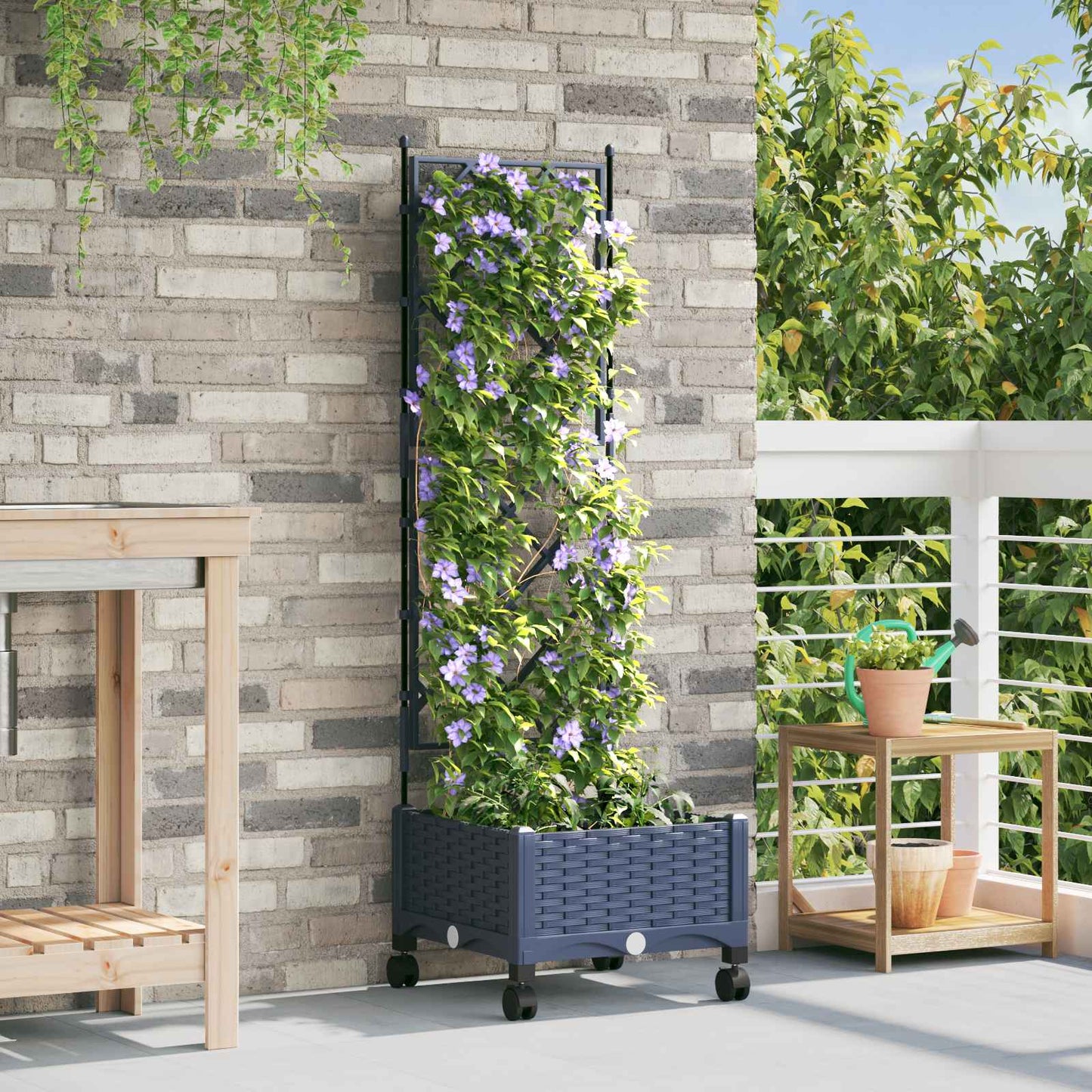 Garden Planter with Trellis&Wheels Grey 40 x 40 x 131.5 cm PP
