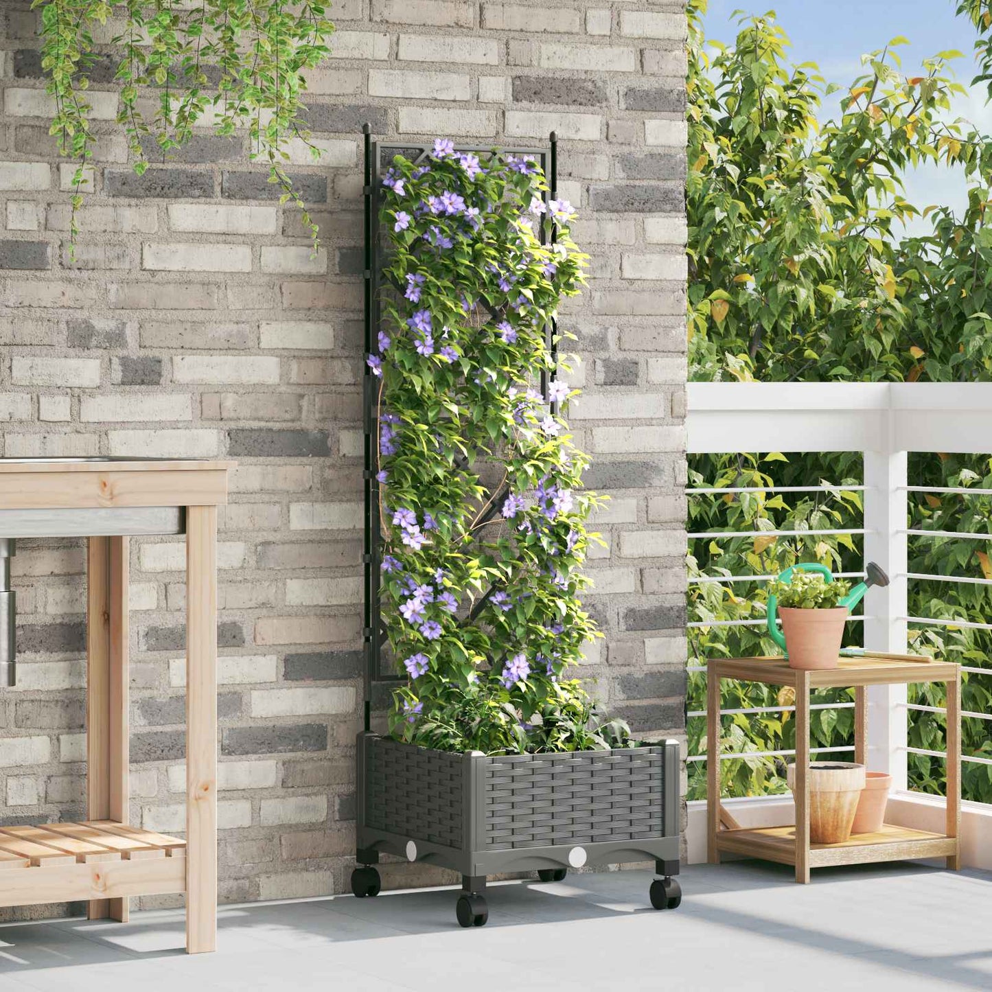Garden Planter with Trellis&Wheels Light Grey PP