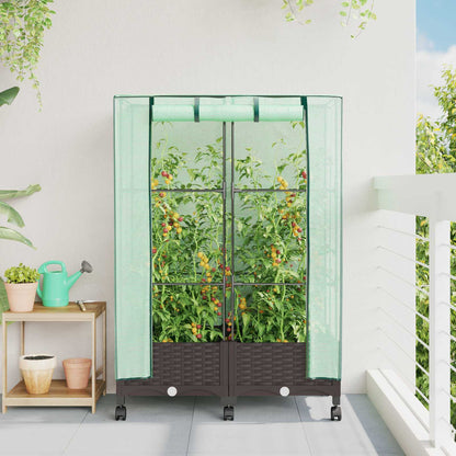 Garden Planter with Greenhouse Cover&Wheels 2 pcs Brown PP