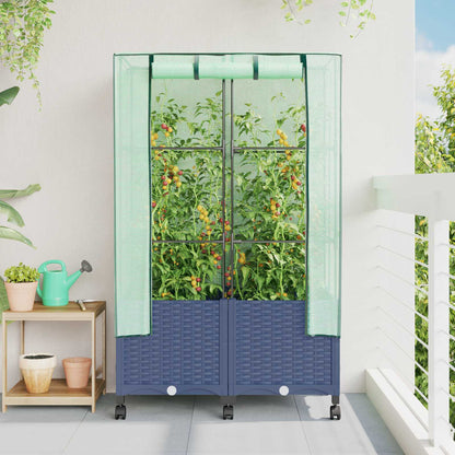Garden Planter with Greenhouse Cover&Wheels 2 pcs Blue Grey PP
