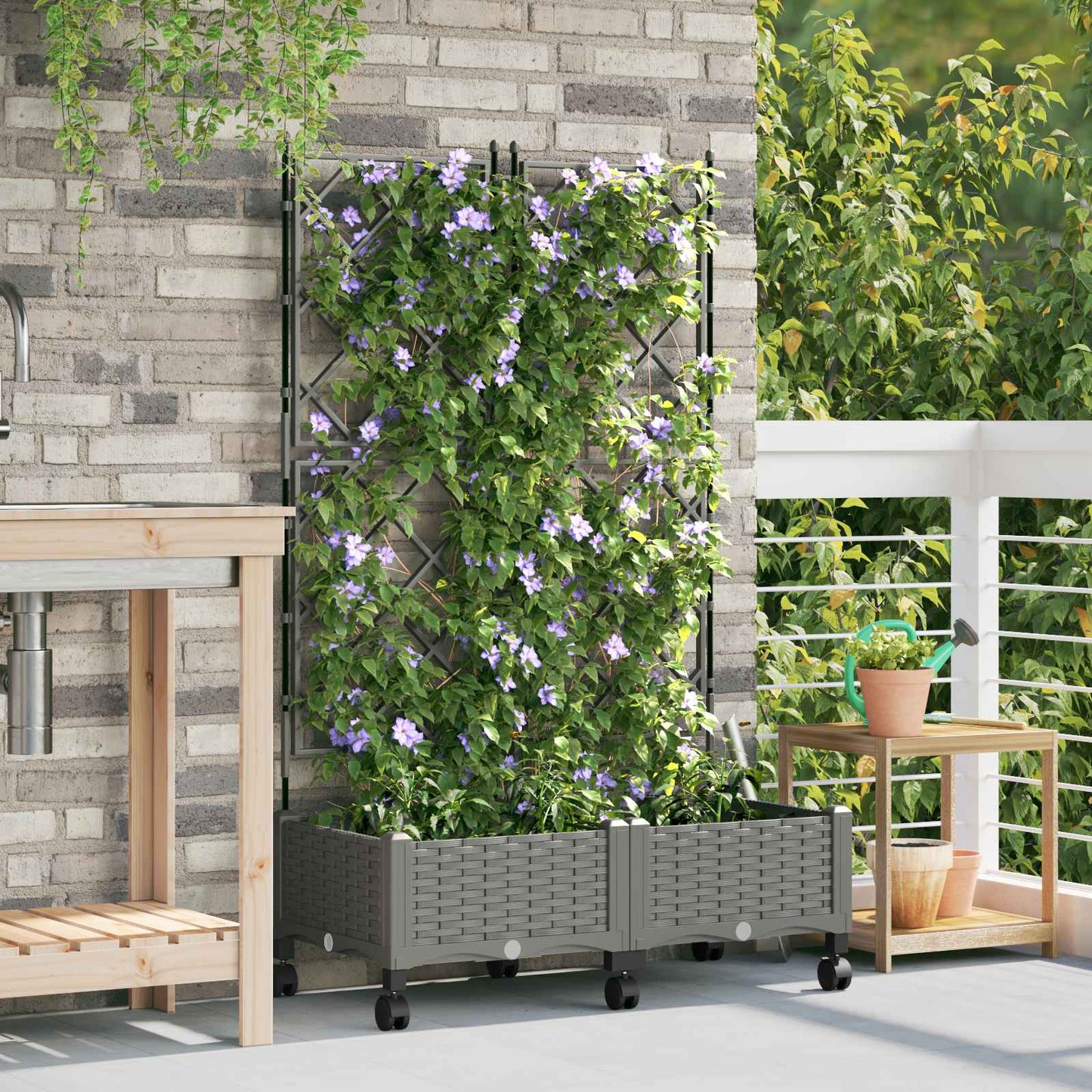 Garden Planter with Trellis&Wheels 2 pcs Light Grey PP