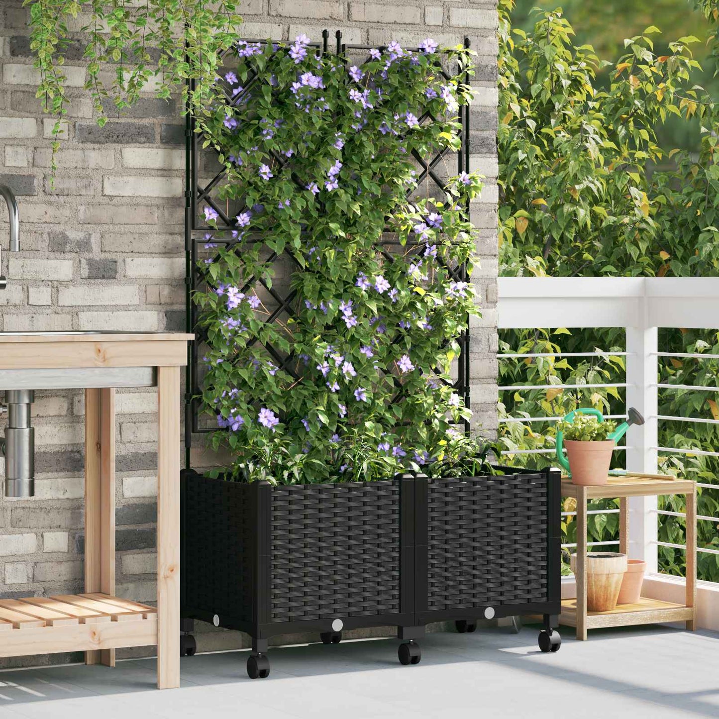 Garden Planter with Trellis&Wheels 2 pcs Black 80 x 40 x 149 cm