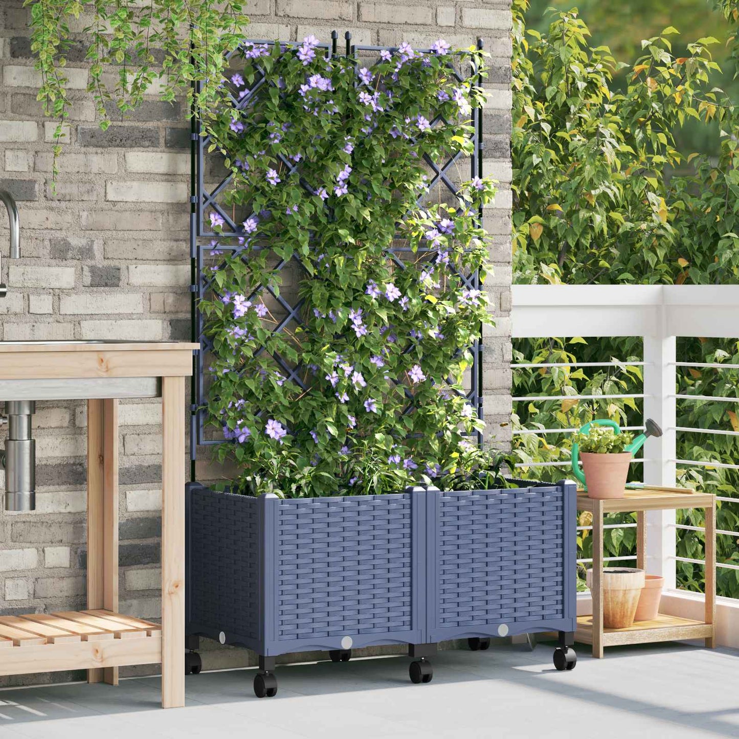 Garden Planter with Trellis&Wheels 2 pcs Grey 80 x 40 x 149 cm