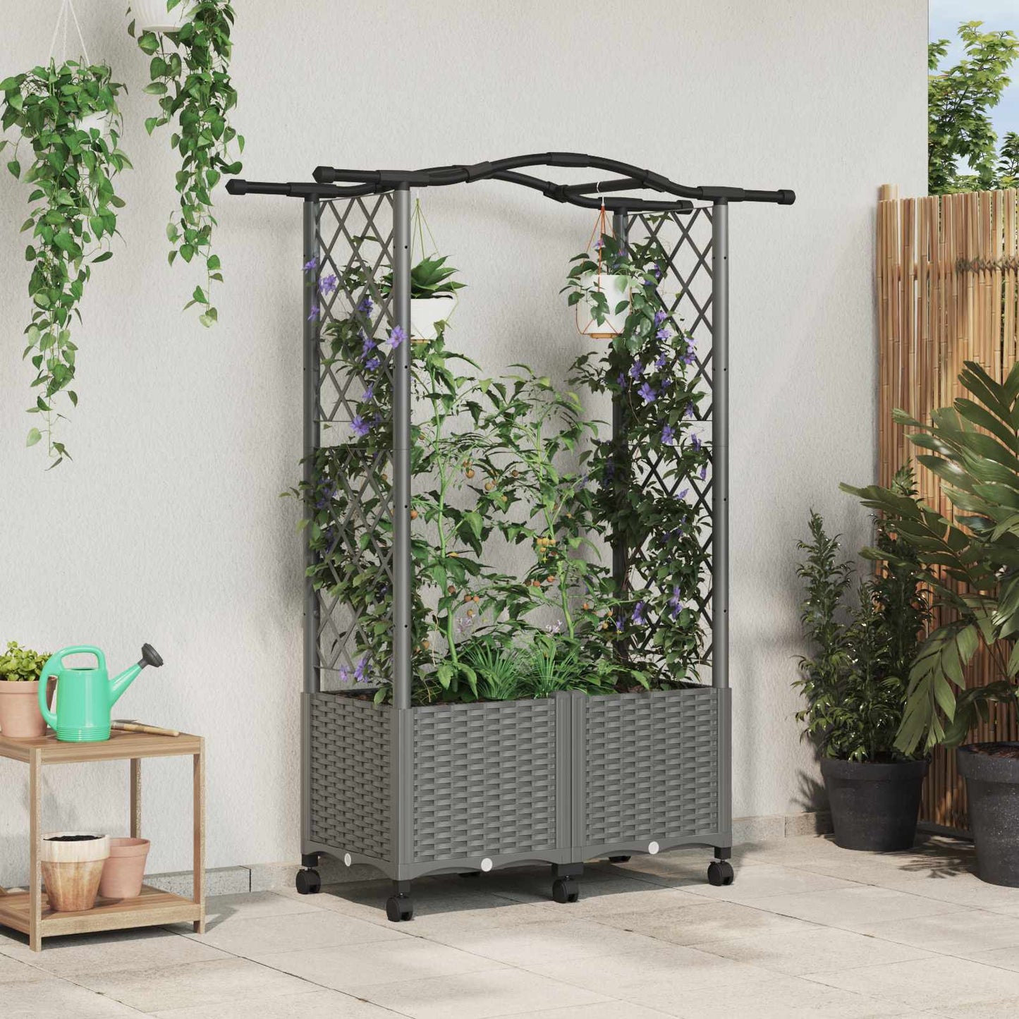 Raised Bed with Trellis and Roof Light Grey 125 x 40 x 144 cm