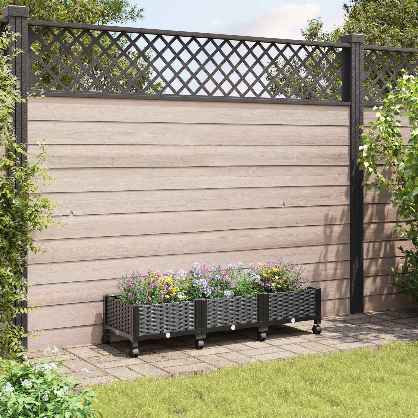 Garden Planter with Wheels Black 120 x 40 x 29 cm PP