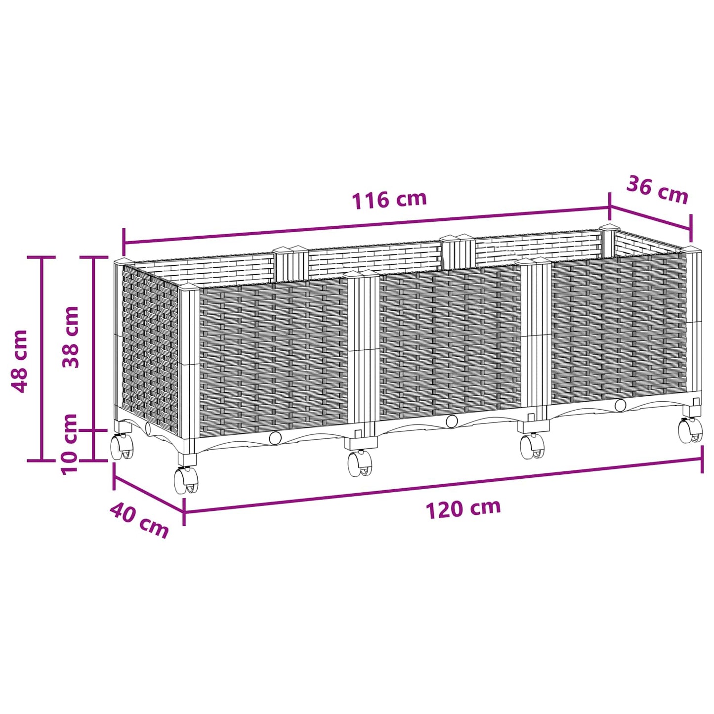 Garden Planter with Wheels Black 120 x 40 x 44 cm PP