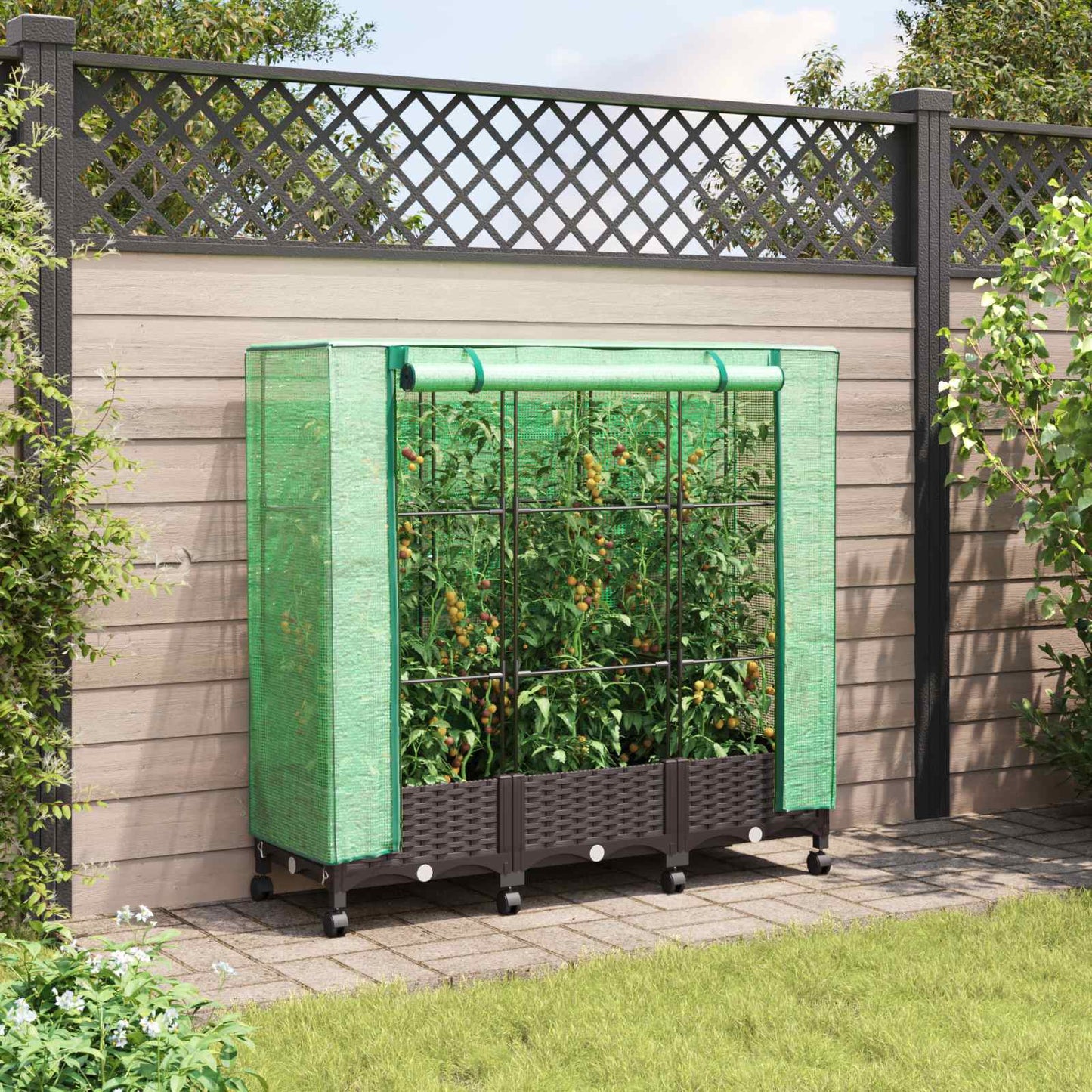 Garden Planter with Greenhouse Cover&Wheels 3 pcs Brown PP