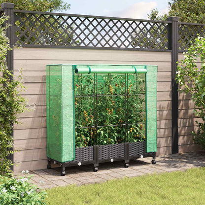Garden Planter with Greenhouse Cover&Wheels 3 pcs Black PP