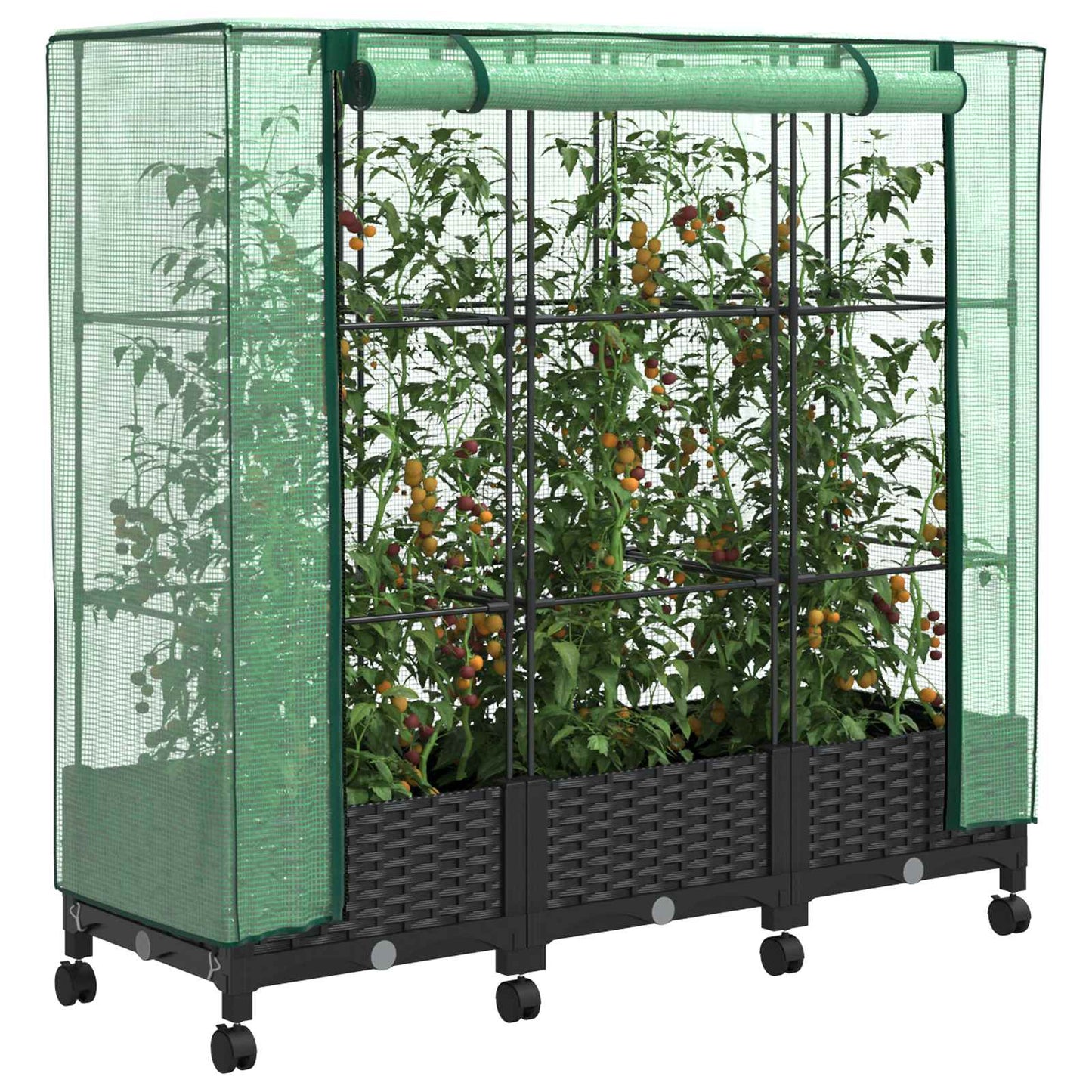 Garden Planter with Greenhouse Cover&Wheels 3 pcs Black PP