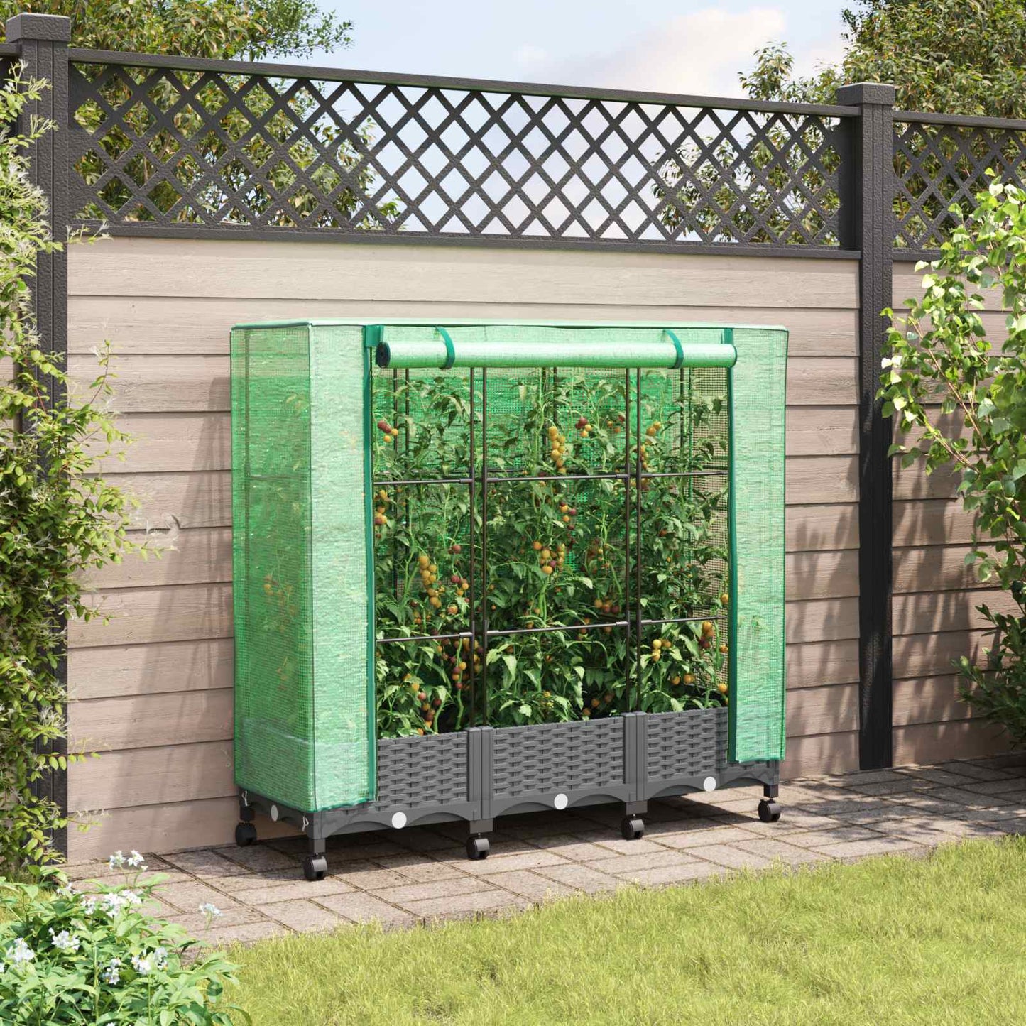 Garden Planter with Greenhouse Cover&Wheels 3 pcs Light Grey PP
