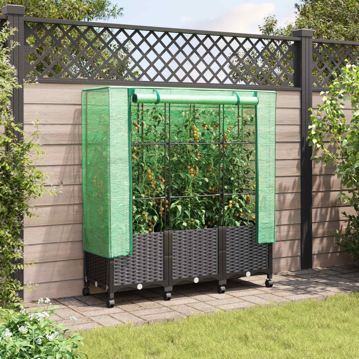 Garden Planter with Greenhouse Cover&Wheels 3 pcs Black PP
