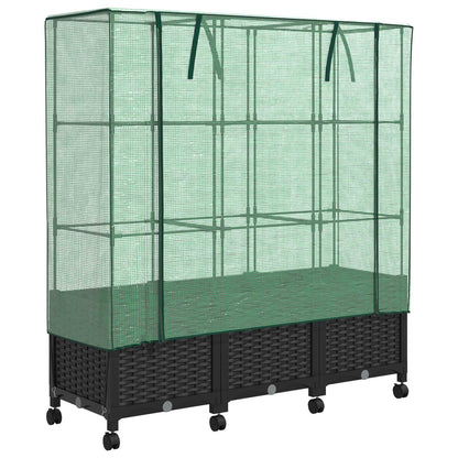 Garden Planter with Greenhouse Cover&Wheels 3 pcs Black PP
