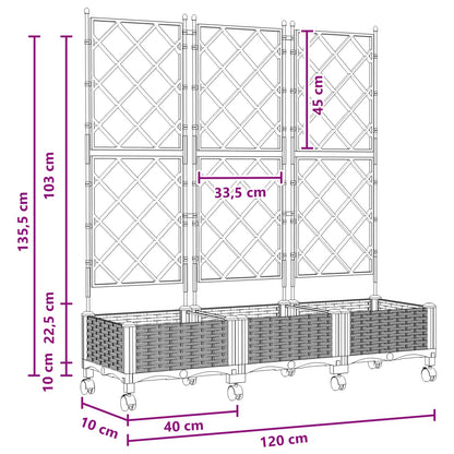 Garden Planter with Trellis&Wheels 3 pcs Brown PP