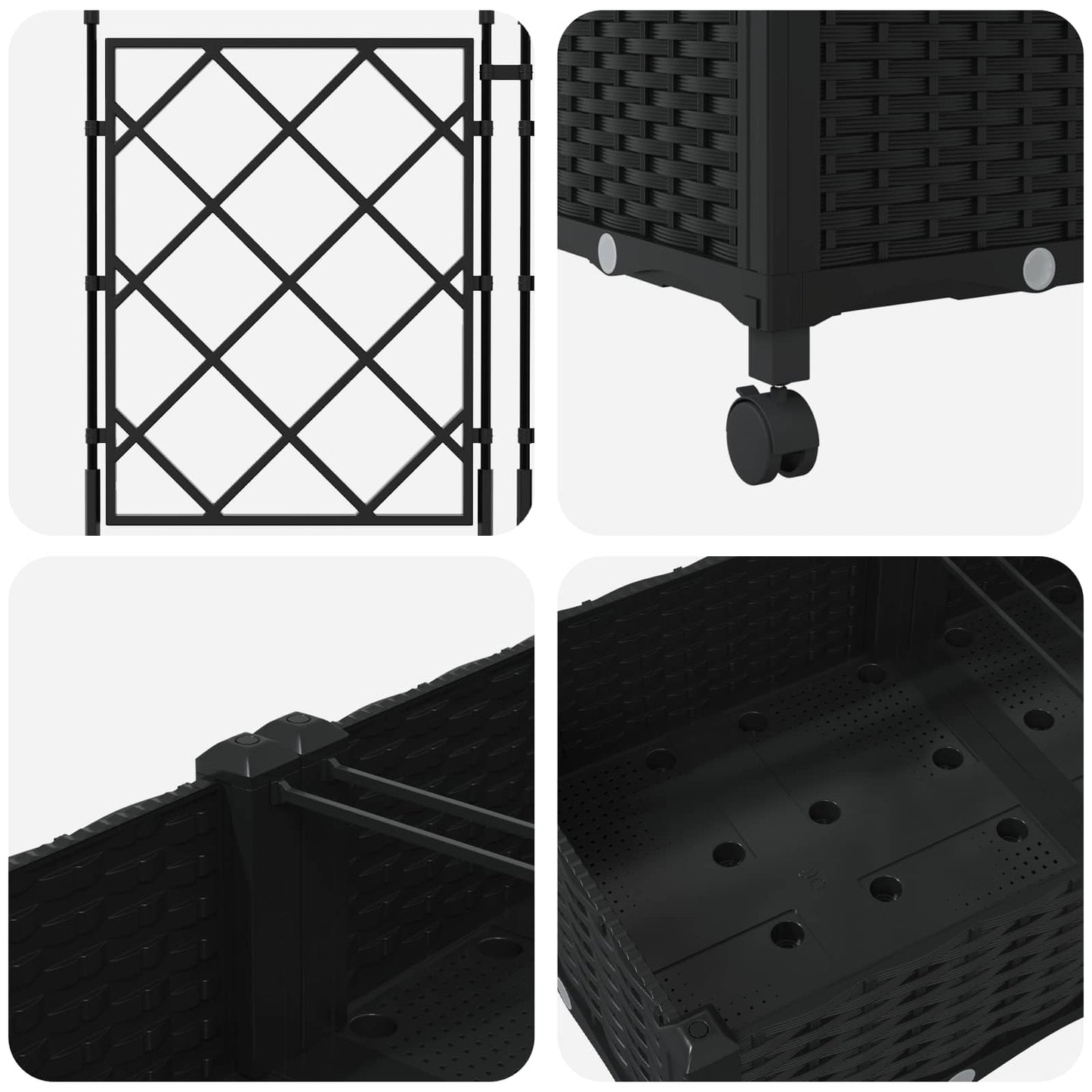 Garden Planter with Trellis&Wheels 3 pcs Black PP