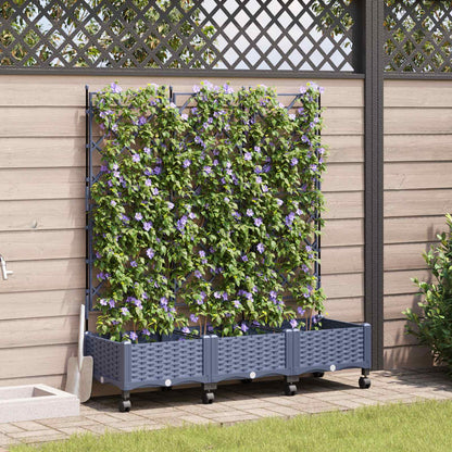Garden Planter with Trellis&Wheels 3 pcs Grey PP