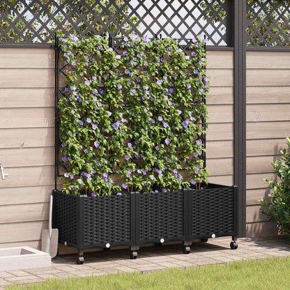 Garden Planter with Trellis&Wheels 3 pcs Black PP