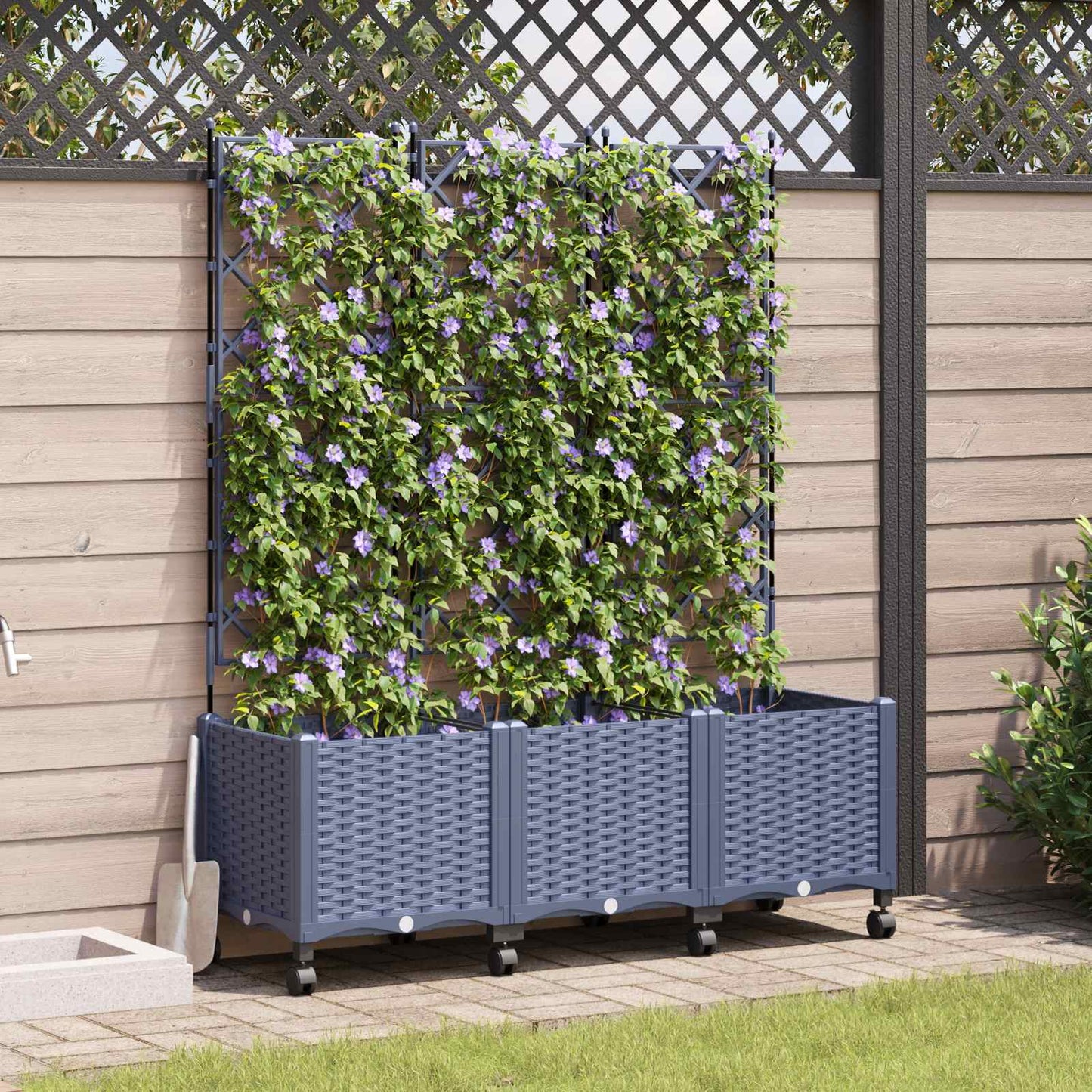 Garden Planter with Trellis&Wheels 3 pcs Grey 120 x 40 x 149 cm