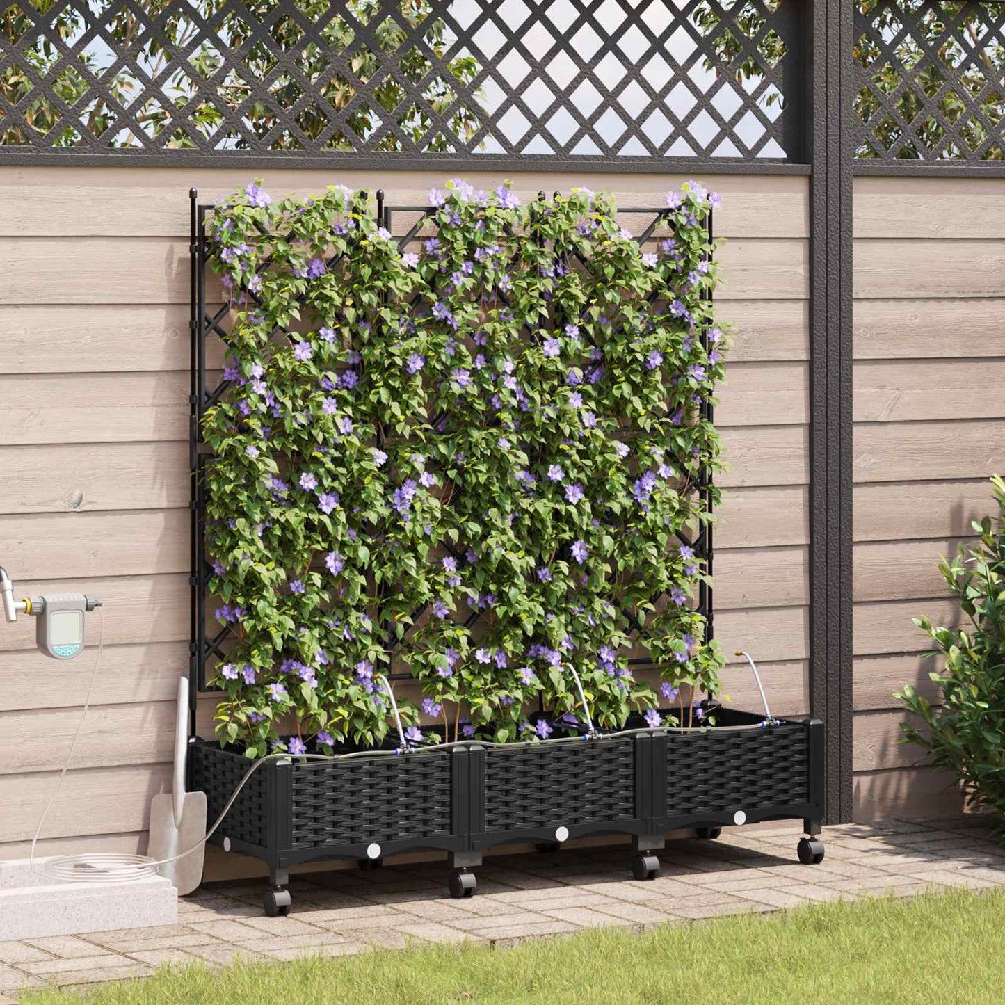Garden Planter with Irrigation&Wheels 3 pcs Black PP