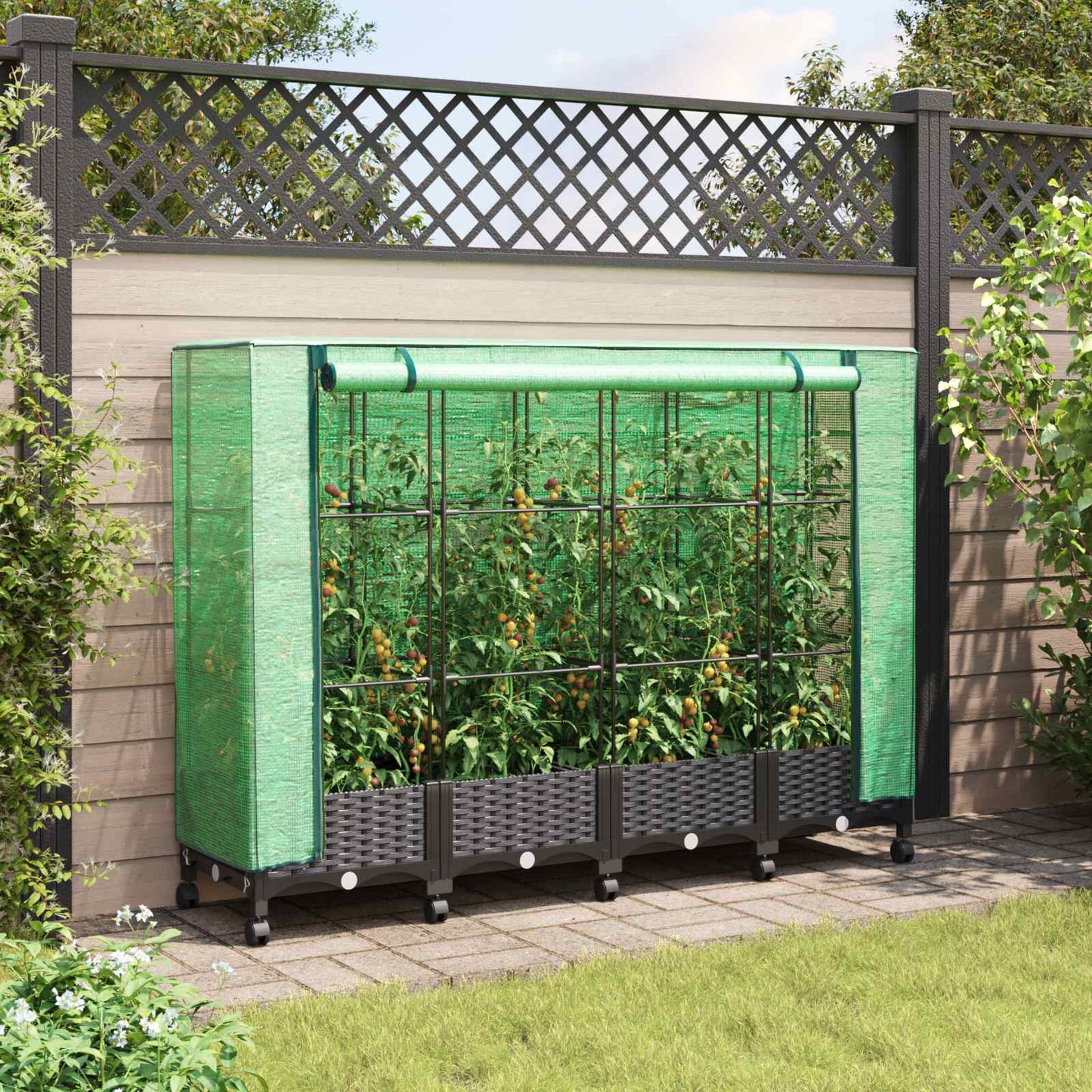 Garden Planter with Greenhouse Cover&Wheels 4 pcs Brown PP