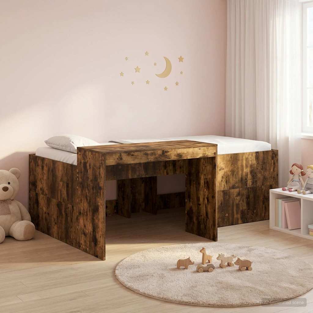 Kids'High Bed Frame with Desk Smoked Oak 90 x 200 cm